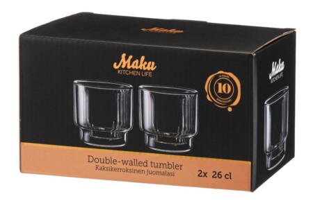<p><strong>MAKU Комплект от 2бр оребрени двустенни чаши - 260мл.</strong><br /><strong>• Материал:</strong><span> боросиликатно стъкло<br /><strong>• С двойни стени, вътрешната е оребрена</strong></span><br /><strong>• Размери на опаковката:</strong><span> 19 х 10 х 10,5 см.<br /></span><strong>• Тегло: </strong><span>0,390 кг.<br /><strong>• Вместимост на 1 бр чаша:</strong> 0,260 л.<br /><strong>• Не са подходящи за съдомиялна машина<br /></strong></span><strong>Производител: Tammer Brands/ Финландия</strong></p><br />Марка: MAKU <br />Модел: TB MAKU 651979<br />Доставка: 2-4 работни дни<br />Гаранция: 2 години