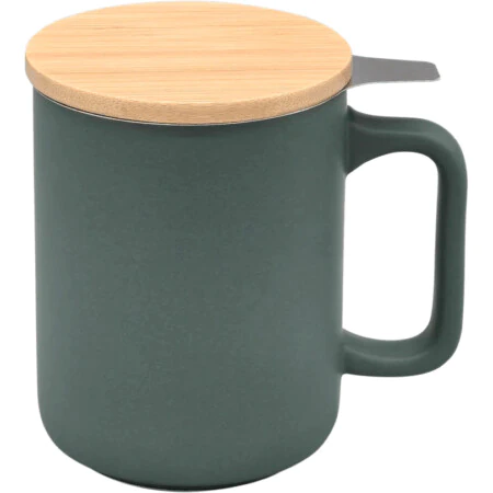 Nerthus Керамична чаша за чай със стоманен филтър и бамбуков капак - 375 мл  - зелена