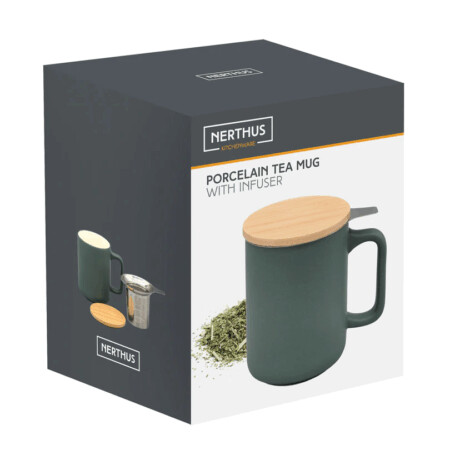 <p><strong>Nerthus Керамична чаша за чай със стоманен филтър и бамбуков капак - 375 мл - зелена</strong><br /><strong>• Размери: </strong><span>8,5 х 8,5 х 12 см.</span><br /><span><strong>• Материал:</strong> Керамика, стомана, бамбук<br /><strong>• Вместимост:</strong> 0,375 мл.<br /></span><span><strong>• Цвят:</strong> зелен</span><br /><strong>Производител: Vin Bouquet, Испания</strong></p><br />Марка: Vin Bouquet <br />Модел: VB FIH 1569<br />Доставка: 2-4 работни дни<br />Гаранция: 2 години