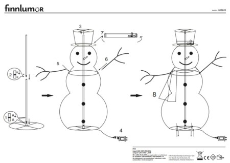 <p><strong>FINNLUMOR Светещ “Снежен човек“, 90см </strong><br /><strong>• Подходящ за открито и закрито<br />• С 80 LED бели светодиода (8бр мигащи)<br />• Размери:</strong><span> 43</span><span> х 43 x 90 см.<br /><strong>• Тегло: </strong>1,04 кг.<br /><span><strong>• Материал:</strong> акрил, полиестер, желязо, мед<strong><br />• Захранване: <br />   input: 220-240V, 50-60Hz <br />   output: 4,5V 50Hz 1,35W <br />• Захранващ кабел:</strong> 5 метра<br /><strong>• Защита:</strong> IP44<br /></span></span><strong>Производител: Tammer Brands/ Финландия</strong></p><br />Марка: FINNLUMOR <br />Модел: TB Finnlumor 608228<br />Доставка: 2-4 работни дни<br />Гаранция: 2 години
