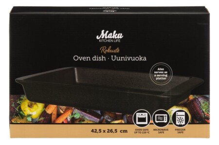 <p><strong>MAKU Керамична тава “Robuste“ - 42,5 х 26,5 см.</strong><br /><strong>• Материал:</strong><span> керамика</span><br /><strong>• Размери:</strong><span> 42,5 х 26,5 x 5 см.<br /></span><strong>• Размери на опаковката:</strong><span> 43 х 7 х 27 см.<br /></span><strong>• Тегло: </strong><span>2,720 кг.<br /><strong>• Тегло с опаковката: </strong>2,940 кг.<br /><strong>• Топлоустойчивост: </strong>до 220° С<br /><strong>• Подходяща за:</strong> фурна, микровълнова печка и съдомиялна машина</span><br /><strong>Производител: Tammer Brands/ Финландия</strong></p><br />Марка: MAKU <br />Модел: TB MAKU 648928<br />Доставка: 2-4 работни дни<br />Гаранция: 2 години