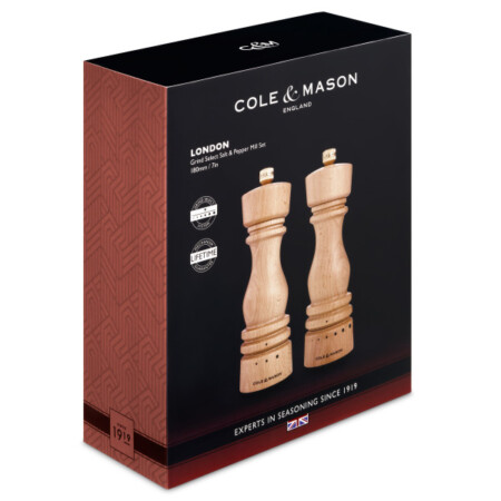<p><strong>COLE & MASON Комплект мелнички за сол и пипер &ldquo;LONDON&ldquo; - 18 см. - цвят натурален - с механизъм за прецизност</strong><br /><strong>&bull; Диаметър:&nbsp;</strong><span>&Oslash; 5,8 см.</span><br /><strong>&bull;&nbsp;Височина:</strong><span>&nbsp;18 см.<br /><strong>&bull; Тегло с опаковката:</strong>&nbsp;0,780 кг.&nbsp;</span><br /><strong>&bull;&nbsp;Материал:</strong><span>&nbsp;буково дърво, стомана, керамика</span><br /><strong>&bull;&nbsp;Механизъм:&nbsp;</strong><span>закалена въглеродна стомана, керамичен механизъм<br /><strong>&bull; Регулиране на едрината на смилане</strong></span><br /><span style="color: #ff0000;"><strong>&bull;&nbsp;Да не се мокри с вода!<br />&bull;</strong></span><span>&nbsp;<strong><span style="color: #ff0000;">Не използвайте мелничките за различни от сол и черен пипер продукти!!!&nbsp;</span><br /><span style="color: #ff0000;"><strong>&bull;&nbsp;Не поставяйте сол в мелницата за пипер, тъй като това ще разяде механизма от въглеродна стомана!</strong></span><br /></strong></span><strong>Производител: Cole&Mason / Англияб</strong></p><br />Марка: COLE & MASON <br />Модел: Cole & Mason H 233131<br />Доставка: 2-4 работни дни<br />Гаранция: 2 години