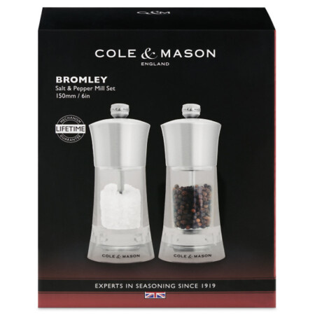 <p><strong>COLE & MASON Комплект акрилни мелнички за сол и пипер &ldquo;BROMLEY&ldquo; - 15 см.</strong><br /><strong>&bull; Диаметър:&nbsp;</strong><span>&Oslash; 6 см.</span><br /><strong>&bull;&nbsp;Височина:</strong><span>&nbsp;15 см.<br /><strong>&bull; Тегло с опаковката:</strong>&nbsp;0,470 кг.&nbsp;</span><br /><strong>&bull;&nbsp;Материал:</strong><span>&nbsp;акрил, стомана, керамика</span><br /><strong>&bull;&nbsp;Механизъм:&nbsp;</strong><span>закалена въглеродна стомана, керамичен механизъм<br /></span><span><strong>&bull;&nbsp;Да не се мокри с вода!<br /><span style="color: #ff0000;">&bull;</span></strong></span><span>&nbsp;<strong><span style="color: #ff0000;">Не използвайте мелничките за различни от сол и черен пипер продукти!!!&nbsp;</span><br /><span style="color: #ff0000;"><strong>&bull;&nbsp;Не поставяйте сол в мелницата за пипер, тъй като това ще разяде механизма от въглеродна стомана!</strong></span><br /></strong></span><strong>Производител: Cole&Mason / Англия</strong></p><br />Марка: COLE & MASON <br />Модел: Cole & Mason H 243008<br />Доставка: 2-4 работни дни<br />Гаранция: 2 години