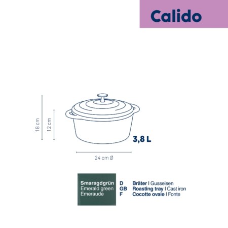 <p><strong>KELA Чугунена тенджера с капак &ldquo;Calido&ldquo; - &Oslash; 24 см. - зелена</strong><br /><strong>&bull; Серия:&nbsp;</strong>Calido<br /><strong>&bull; Материал:</strong>&nbsp;чугун<br /><strong>&bull; Размери:</strong>&nbsp;&Oslash; 24 х 12 см.<br /><strong>&bull;&nbsp;Диаметър на дъното</strong>:&nbsp;&Oslash; 18,5 см.<br /><strong>&bull; Вместимост:</strong>&nbsp;3,8 л.<br /><strong>&bull; Цвят:</strong>&nbsp;зелена<br /><strong>&bull; Производител: KELA / Германия<br />&bull;&nbsp;Подходяща за:</strong></p>
<p><strong><img src="https://www.vip-giftshop.com/media//file_8.jpg" alt="" width="200" /></strong></p><br />Марка: KELA <br />Модел: KELA 12900<br />Доставка: 2-4 работни дни<br />Гаранция: 2 години