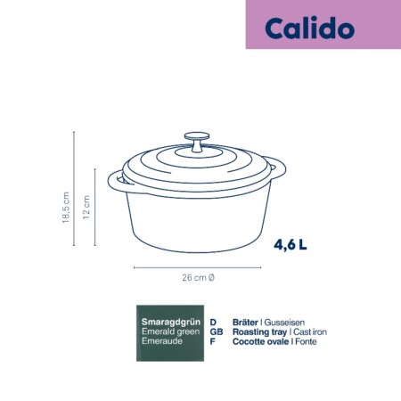 <p><strong>KELA Чугунена тенджера с капак &ldquo;Calido&ldquo; - &Oslash; 26 см. - зелена</strong><br /><strong>&bull; Серия:&nbsp;</strong>Calido<br /><strong>&bull; Материал:</strong>&nbsp;чугун<br /><strong>&bull; Размери:</strong>&nbsp;&Oslash; 26 х 12 см.<br />&bull;&nbsp;<strong>Диаметър на дъното</strong>:&nbsp;&Oslash; 20 см.<br /><strong>&bull; Вместимост:</strong>&nbsp;4,6 л.<br /><strong>&bull; Цвят:</strong>&nbsp;зелен<br /><strong>&bull; Производител: KELA / Германия<br /></strong>&bull;&nbsp;<strong>Подходяща за:</strong></p>
<p><strong><img src="https://www.vip-giftshop.com/media//file_8.jpg" alt="" width="200" /></strong></p><br />Марка: KELA <br />Модел: KELA 12901<br />Доставка: 2-4 работни дни<br />Гаранция: 2 години