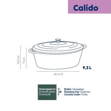 <p><strong>KELA Чугунена овална тенджера с капак &ldquo;Calido&ldquo; - 36х29 см. - зелена</strong><br /><strong>&bull; Серия:&nbsp;</strong>Calido<br /><strong>&bull; Материал:</strong>&nbsp;чугун<br /><strong>&bull; Размери:</strong>&nbsp;36 х 29 х 15 см.<br /><strong>&bull; Вместимост:</strong>&nbsp;9,3 л.<br /><strong>&bull; Цвят:</strong>&nbsp;зелен<br /><strong>&bull; Производител: KELA / Германия<br />&bull;&nbsp;Подходяща за:</strong></p>
<p><strong><img src="https://www.vip-giftshop.com/media//file_8.jpg" alt="" width="200" /></strong></p><br />Марка: KELA <br />Модел: KELA 12903<br />Доставка: 2-4 работни дни<br />Гаранция: 2 години