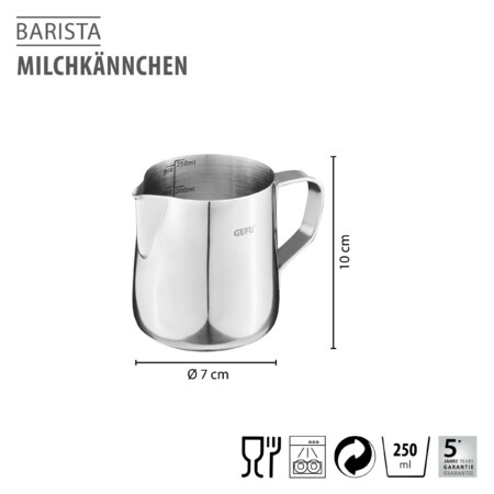 <p><span style="font-size: small;"><strong>GEFU Каничка за мляко &ldquo;BARISTA&ldquo;</strong></span><br /><strong>&bull; Удобен чучур за изливане</strong><br /><strong>&bull; Подходяща за котлон</strong><br /><strong>&bull; Вътрешна мерителна скала:</strong> ml / fl.oz<br /><strong>&bull; Вместимост:</strong> 250 мл<br /><strong>&bull; Размери:</strong>&nbsp; 7 х 7,5 х 10 см (ДхШхВ)<br /><strong>&bull; Материал:</strong> висококачествена неръждаема стомана<br /><strong>&bull; Подходяща за съдомиялна машина</strong><br /><strong>Производител: GEFU / Германия</strong></p><br />Марка: GEFU - GERMANY <br />Модел: GEFU 33708<br />Доставка: 2-4 работни дни<br />Гаранция: 2 години